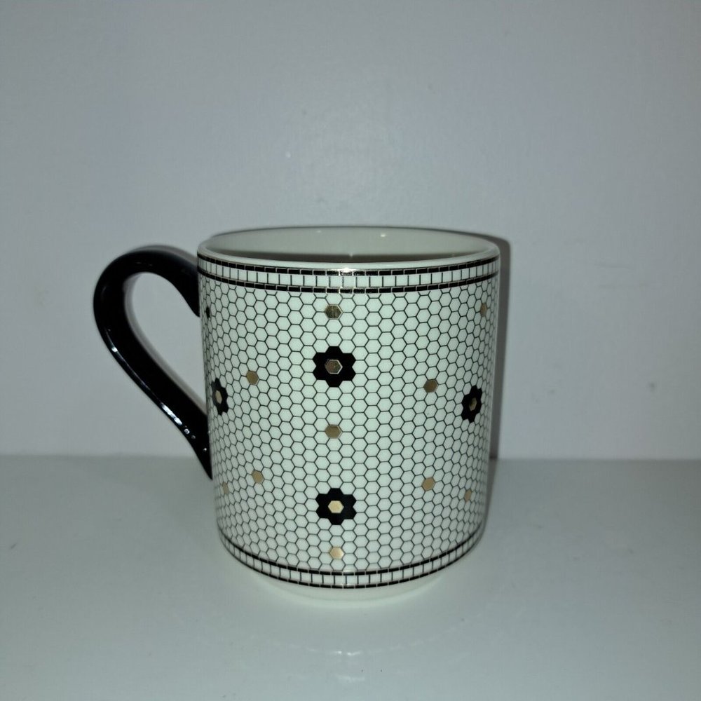 Anthropologie Tiled Letter Monogram M Coffee Tea Mug Black Metallic Gold White - Picture 2 of 4